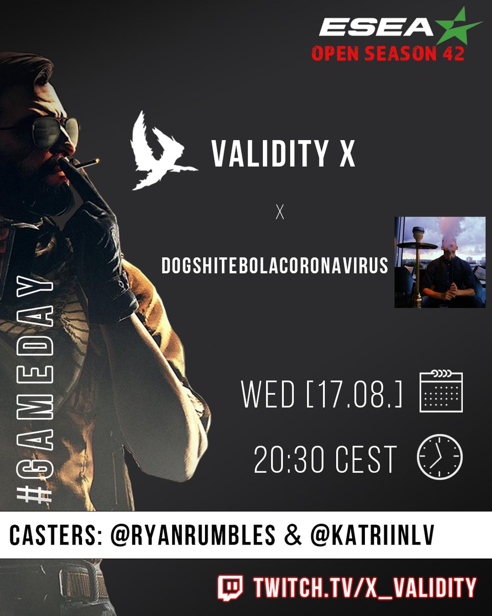 X_Validity's tweet photo. Tonight we will stop our losing streak on @ESEA as our manager @CsgoWookie will come and standin for @OFFICIALGeGo and show how its done. ๐ค
๐Dogshitebolacoronavirus ๐ช๐ช๐คก
๐บ https://t.co/IJDKqnx1Fr ๐ฅ
๐๏ธ @RyanRumbles / @KatriinLv ๐
#GoValidity https://t.co/WFzalDekSW