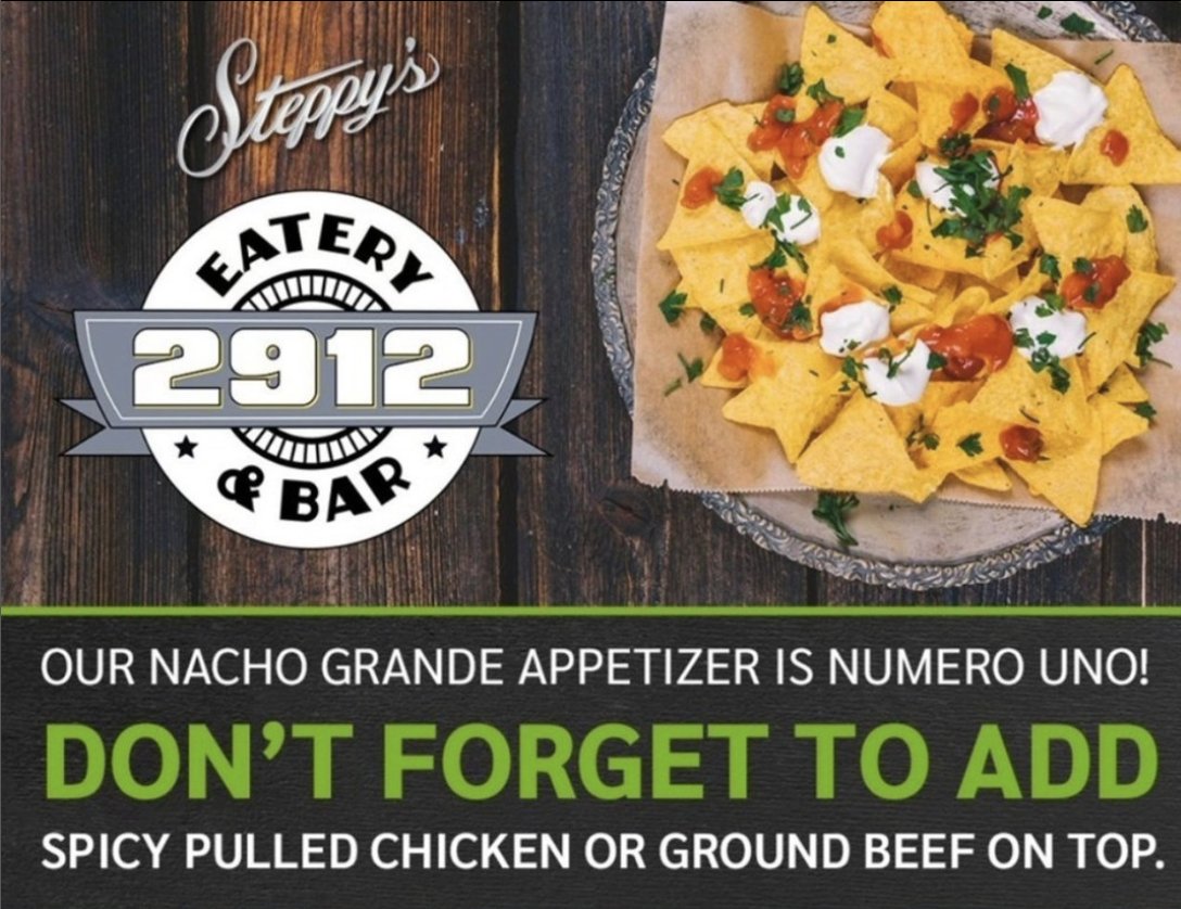 Steppys's tweet photo. Our Nacho Grande appetizer is numero uno! Don’t forget to add spicy pulled chicken 🐓or ground beef 🐮on top. #nachos #appetizer https://t.co/PEJWGcbxCE