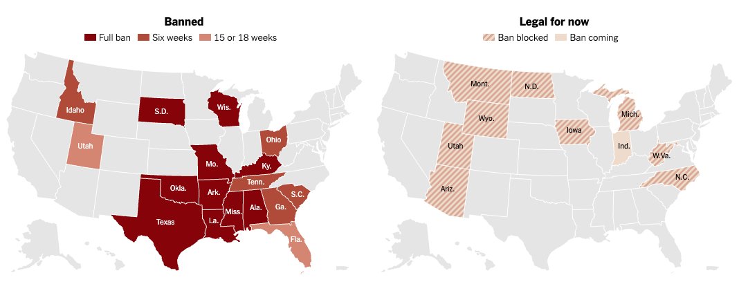 We've updated our page tracking abortion bans in each state to make it clearer when bans are temporarily blocked or have not yet gone into effect. Indiana's near-total ban on abortion, for instance, does not take effect until Sept. 15. nytimes.com/interactive/20…