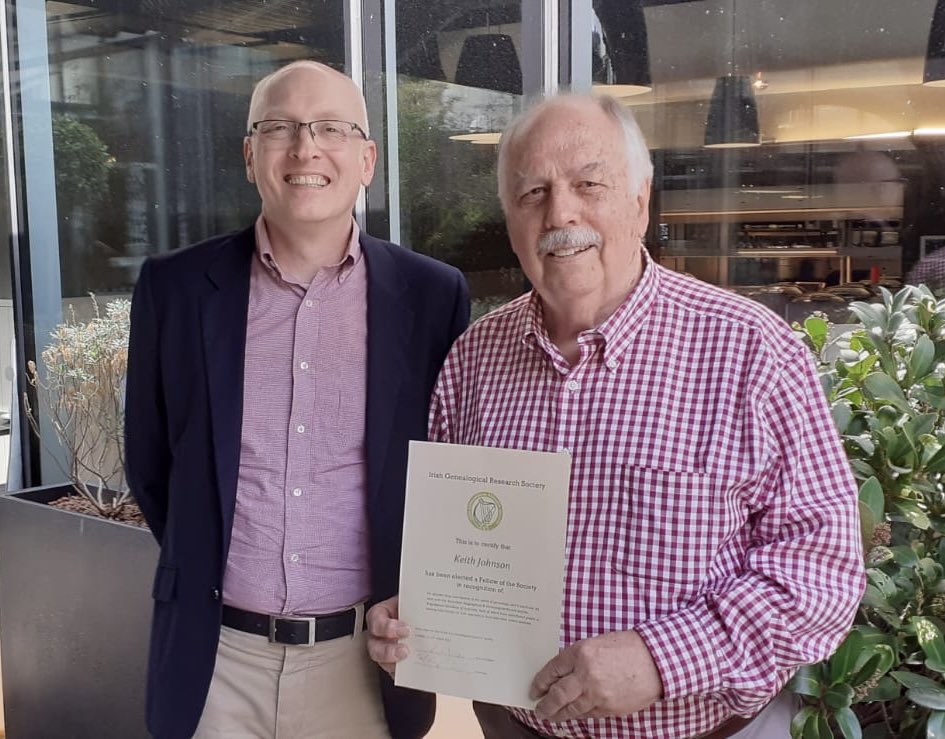 Keith Johnson's election as an IGRS Fellow was announced at the AGM held via Zoom in May 2020. On Monday, 15 August, we were finally able to present him with his certificate. irishancestors.ie/20004-6
#IGRS #irishgenealogy #irishancestors #ireland #excellence #contribution