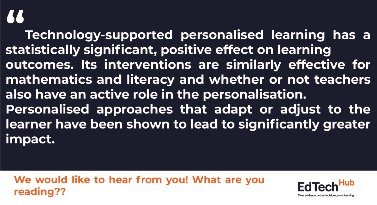 GlobalEdTechHub's tweet photo. Digital #PersonalisedLearning doesn't have to be continuous or integrated to be effective. Short-term interventions of low intensity might have positive effects that are similar to longer-term interventions.
#Lessons from DPL work. Read more #Things2Read
 https://t.co/oWKZA0eNAf https://t.co/rMgq3TxpYK