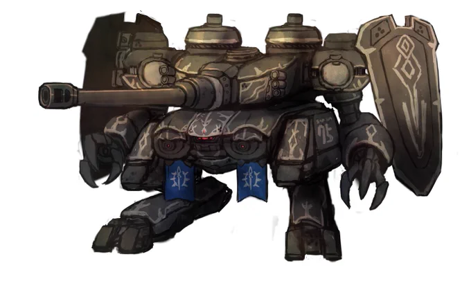 先日あげてみた戦車型ゴーレムのイメージ画を綺麗にしてみました(*'ω`)ノ主砲は魔力弾。背中に背負っているのは魔石などを燃料とする魔導機関を搭載した動力炉です!名前とアームの形どうしようか悩んじゃいますね…!いい案はないものか…? 