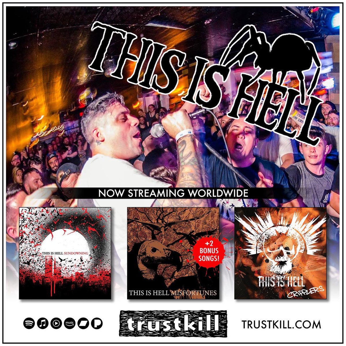Trustkill's tweet photo. All 3 THIS IS HELL records on Trustkill are finally streaming worldwide! Listen and add em to your playlists on Spotify, Apple, Amazon, Bandcamp and everywhere else you enjoy music. #ThisIsHell #Trustkill https://t.co/vENHlwFqrn