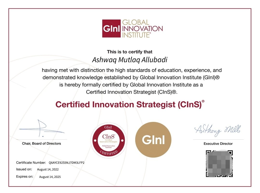 وللّه الحمد و الفضل انهيت متطلبات الحصول على شهادة استراتيجي ابتكار معتمد من <a href="/G_In_I/">GInI</a> واجتياز الامتحان الخاص بها؛

اتمنى من الله التوفيق لي و لكم ✨