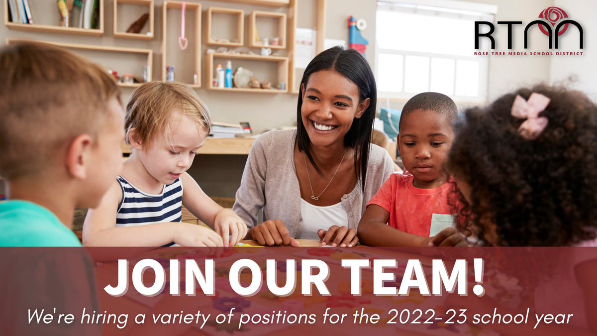 RoseTreeMedia's tweet photo. RTMSD is now hiring for the 2022-23 school year. We’re seeking substitute teachers/aides, bus drivers/aides, food service workers &amp; other qualified candidates to join our team.

View our available positions: https://t.co/I1gzXlGbTv https://t.co/fZH6HQWGuJ
