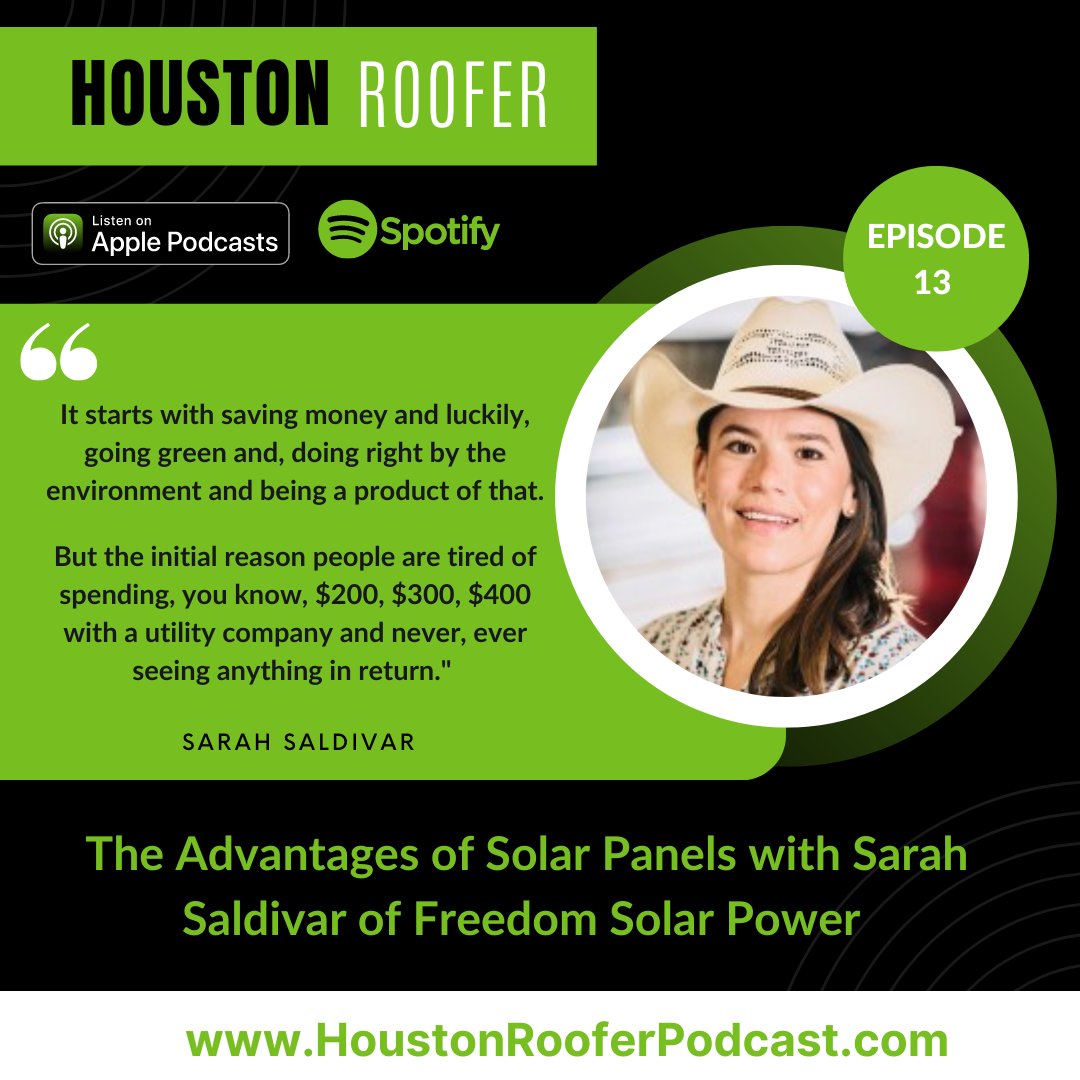 TrueworksR's tweet photo. Episode 13 of #Houston #Roofer #Podcast: The Advantages of Solar Power Panels with Sarah Saldivar of Freedom Solar Power.  Listen on Apple or Spotify or download at: https://t.co/jBib9OnWHq 

#podcasts #solar #solarpanels #roofing #houstonroofer #newroof #conserveenergy https://t.co/w5v3XaE6dp