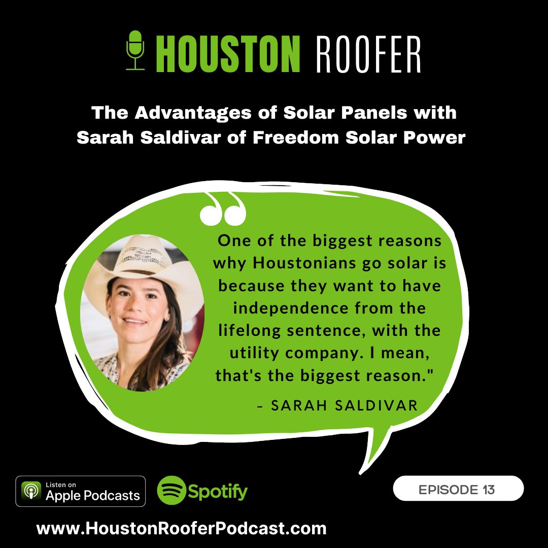 TrueworksR's tweet photo. Episode 13 of #Houston #Roofer #Podcast: The Advantages of Solar Power Panels with Sarah Saldivar of Freedom Solar Power.  Listen on Apple or Spotify or download at: https://t.co/jBib9OnWHq 

#podcasts #solar #solarpanels #roofing #houstonroofer #newroof #conserveenergy https://t.co/w5v3XaE6dp