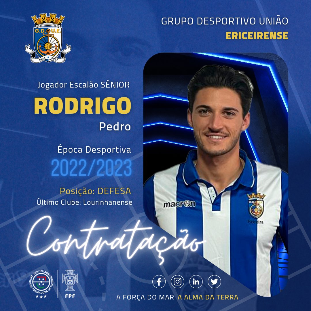 Contratação para a Equipa SÉNIOR na nova época desportiva 2022/2023 

Apresentamos assim a nossa mais recente contratação para o escalão SÉNIOR que aceitou ser um Guerreiro do Mar: 

Nome - Rodrigo Pedro
Posição - Defesa
Último Clube - Lourinhanense