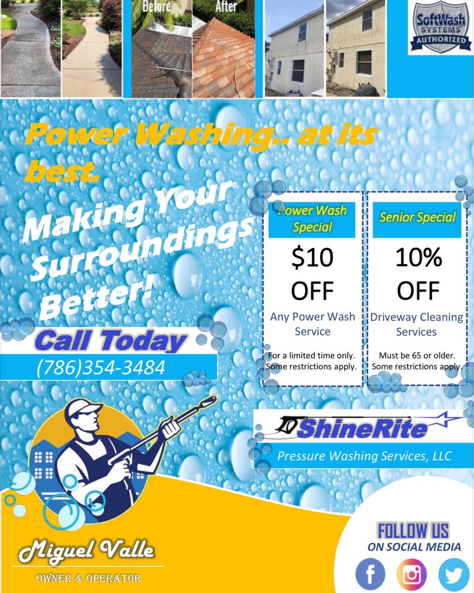 ShineRiteLLC's tweet image. At ShineRite we pride ourselves on quality work at a great price. We ensure the job is done right, “making your surroundings better!” FOLLOW US on Facebook, Twitter, and Instagram to stay updated on our latest post. Hope to see you soon Miami! #RETWEEET #MiamiFL