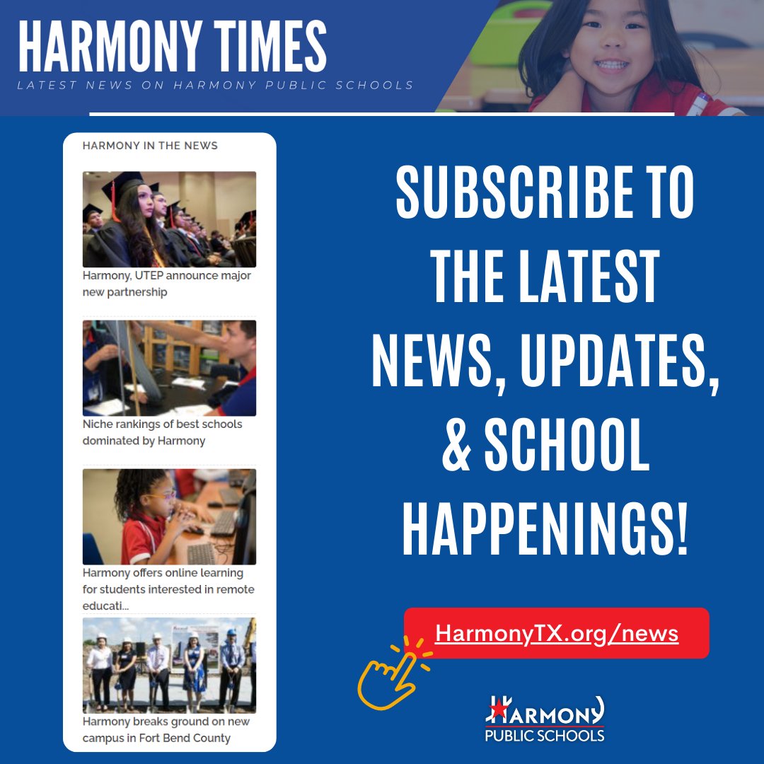 Have you signed up?

Visit HarmonyTX.org/news and subscribe to the Harmony Times where you’ll find the latest news on Harmony Public Schools!

#k12 #stemeducation #stem #news #updates #happenings #texascharterschools #charterschools