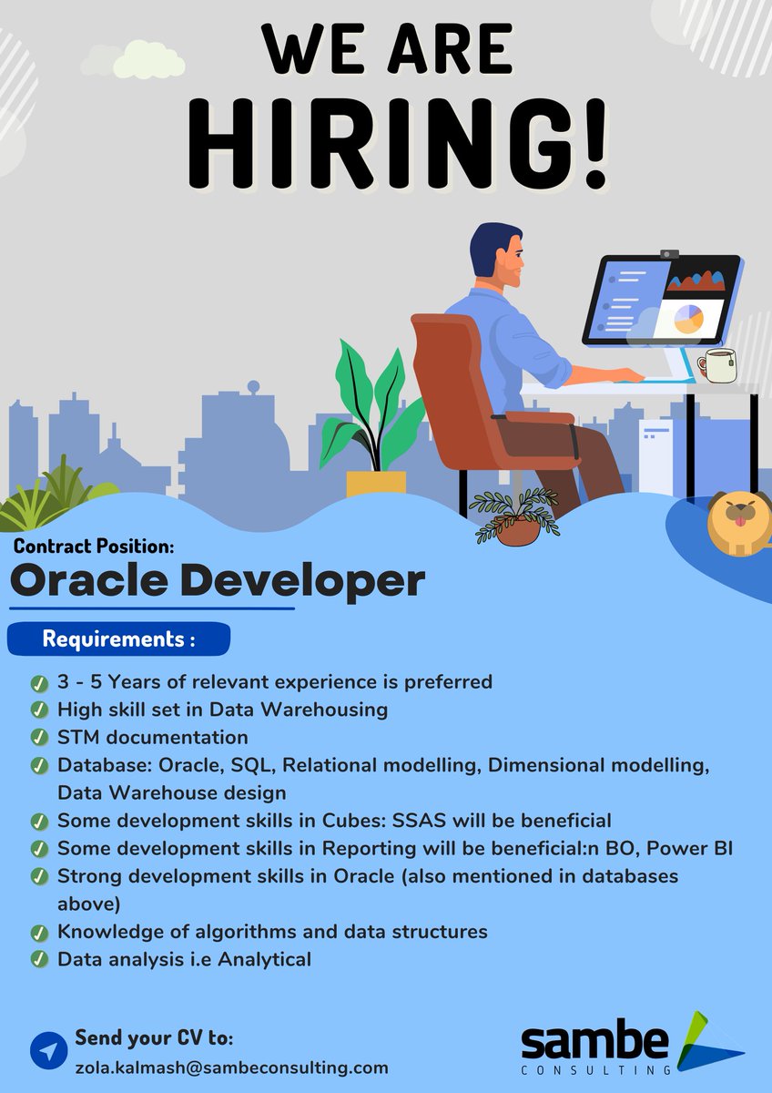 SambeConsulting's tweet photo. Are YOU an Oracle Developer?
If you feel you are what we are looking for then please send your CV to the email listed in the poster.

#nowhiring #oracle #oracledeveloper #availablepositions #data #positionsavailable #fixedtermcontract #developer #recruitment #recruiting https://t.co/lI8JetBKNl