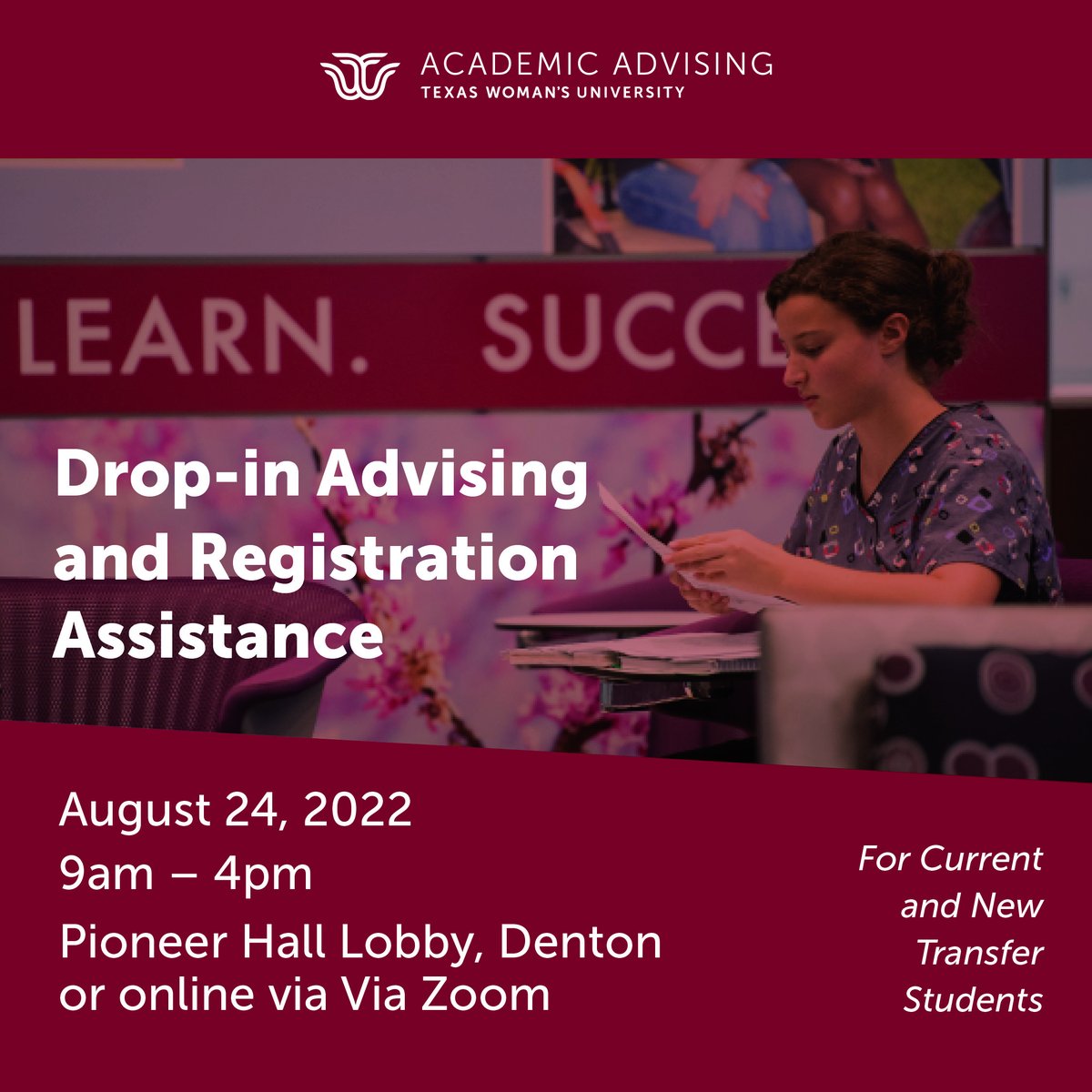 TWUAdvising's tweet photo. Need advising and registration help?
We got you!😎

Drop-in advising on Wednesday, August 24th from 9am to 4pm!

In person in Denton: Pioneer Hall Lobby
Virtual in Zoom: https://t.co/kgUQPVFegQ https://t.co/SxjwlnbXoD