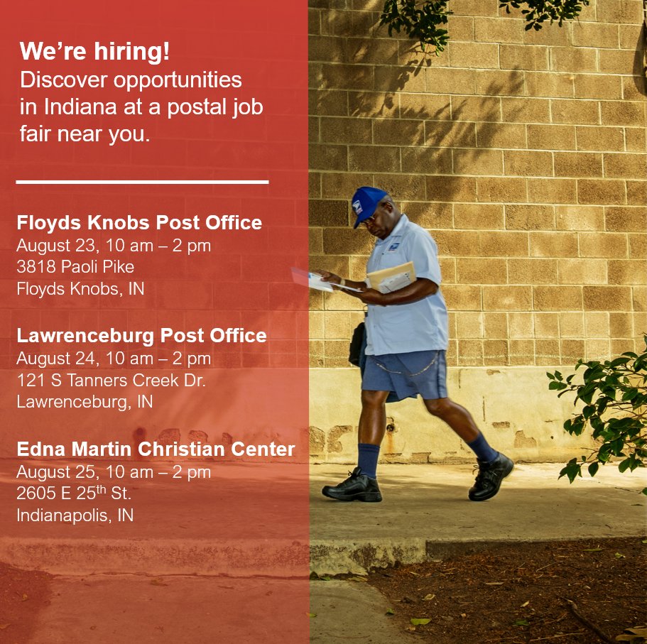 We’re hiring! Discover opportunities 
in Indiana at a postal job fair near you. For tips on where and how to apply: uspsblog.com/applyin#recrui… 

#USPSCareers #NowHiring #Jobs #JobSearch #Job #JobHunt #JobOpening #Hiring #Careers #Employment #opentowork #career #work #recruitment