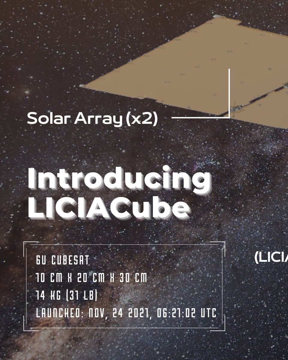 LICIACube's tweet photo. #DARTLICIACubecountdown
-40 giorni 

Guardiamo più da vicino #LICIACube.

LICIACube sarà l'unico satellite a bordo della #DARTmission. 

Il suo compito sarà quello di "testimoniare" ciò che avverrà prima, dopo e durante l'impatto con l'asteroide. 

Ci avviciniamo sempre più: -40 https://t.co/hwK8rJQmin