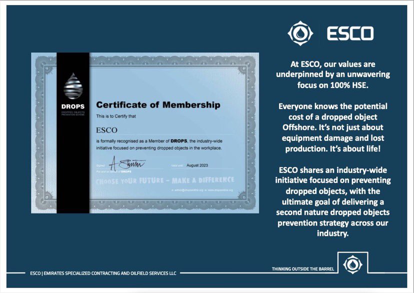 escouae's tweet photo. ESCO intensify efforts to maintain 100% HSE with our dropped objects prevention strategy across our offshore asset operations.

#helidecks #offshore #hse #drops #workingatheight #rigs #barges #vessels #ropeaccess #liftinggear #abudhabi #uae https://t.co/S4ZnC79CYs