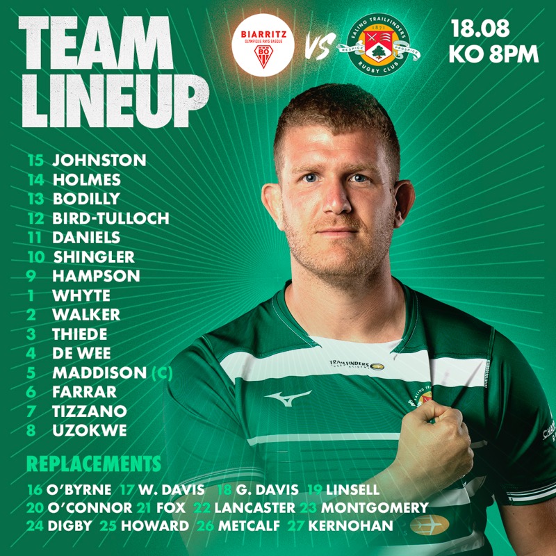 ealingtfrugby's tweet photo. Here's your Ealing Trailfinders team for tomorrow's preseason fixture against @BOPBweb

#ETF 🟢⚪️