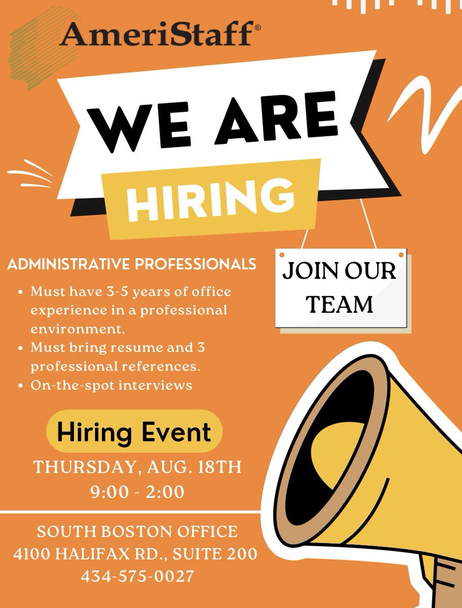 AmeriStaff's tweet photo. Hiring Event in South Boston!! On Thursday, from 9:00-2:00, we’ll be conducting a Hiring Event for experienced administrative professionals. Don’t miss out on this great opportunity! #nowhiring #applytoday #AmeriStaff #jobfair https://t.co/3Sze7UhmrF
