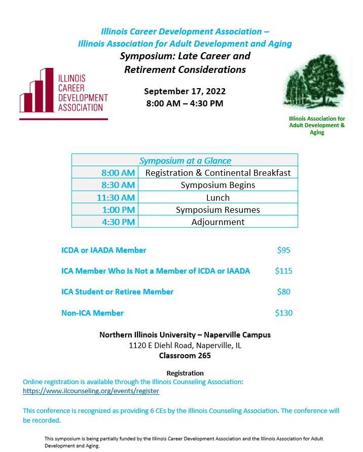 illinoisCDA's tweet photo. Illinois Career Development Association and Illinois Association for Adult Development and Aging invite you to our upcoming Symposium on September 17th, at 8 am - RSVP Today!  https://t.co/3tAvW1m2ci #career #retirement #RetirementPlanning #careercounseling #aging https://t.co/C8rTyy7JLz