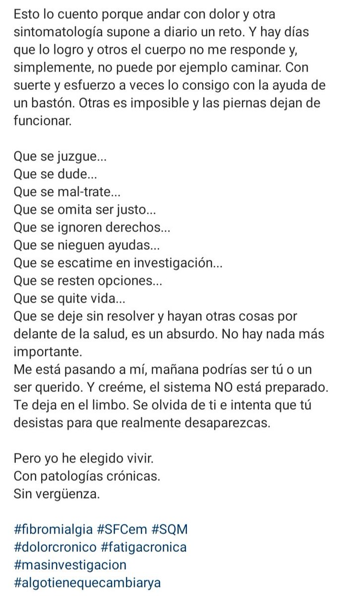 PIERNAS. Parte 2.

Para que os hagáis una idea de lo que se siente y podáis imaginar un poquito lo que vivimos l@s afectad@s, os cuento una experiencia propia. 

#fibromialgia #SFCem #SQM
#dolorcronico #fatigacronica 
#masinvestigacion
#algotienequecambiarya