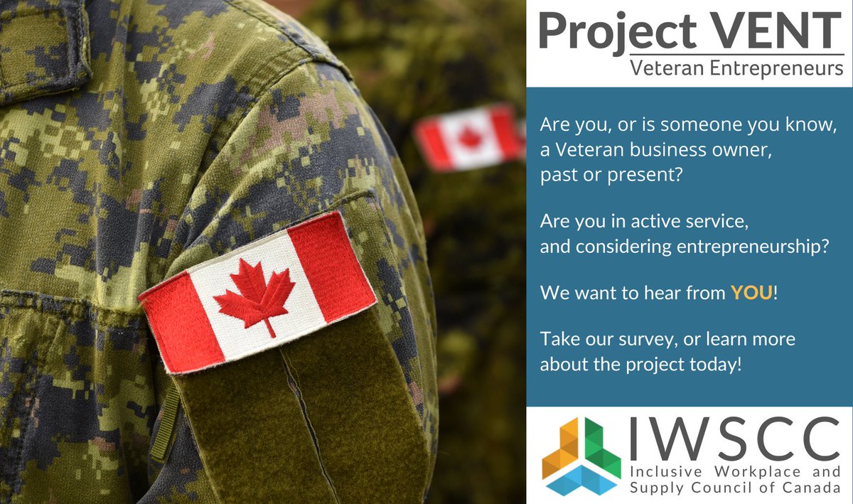 IWSCCanada's tweet photo. We’re asking Veterans to share their story. #ProjectVENT is a landmark Canadian study on Veteran entrepreneurship. The successes and failures, resources and hurdles that Veteran owned business face.
Take the survey: https://t.co/IEfpGVVHfd
Learn more: https://t.co/HDy8vwZt7c https://t.co/52d3n6vNYQ