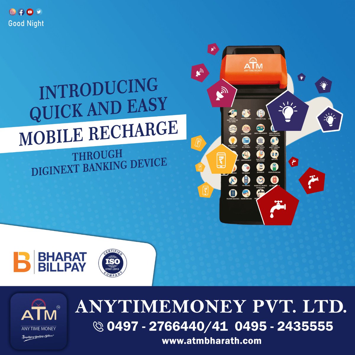 Anytimemoneyltd's tweet photo. MOBILE RECHARGE THROUGH DIGINEXT BANKING DEVICE. Book your device now itself.
Email  : customercare@atmbharath.com
Website : https://t.co/bD0eKVRlzd 

#atm #diginextbankingdevice #bbps #pos #microatm #dmts #doorstepdelivery #doorstep #fintech #mtss #financialservices #franchise https://t.co/QIr7bVBFoF