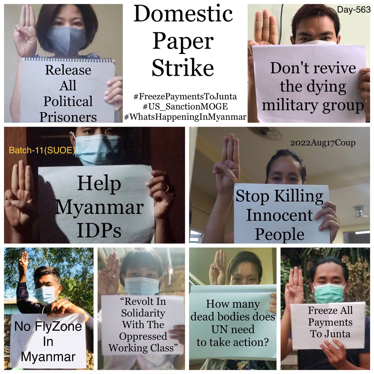 8 CDMer teachers, BEd [Batch-11], from Sagaing University of Education staged an anti-coup revolutionary domestic strike as 563rd day without a day off.

#2022Aug17Coup #US_SanctionMOGE #FreezePaymentsToJunta #WhatsHappeningInMyanmar