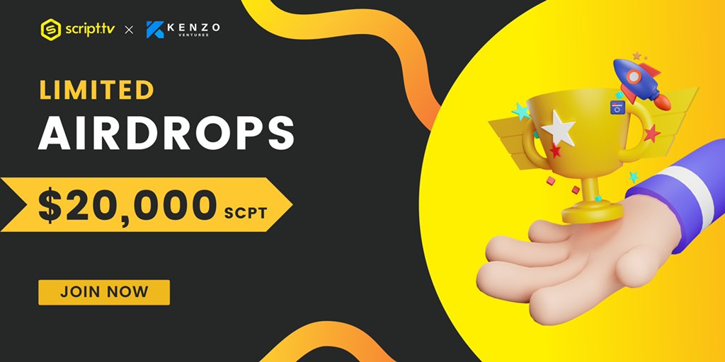 Kenzo_Labs's tweet image. 🎉Script Tv Limited Airdrop!!

🔥Want to be a part of 
@Script_network for FREE? Join our Airdrop Campaign for a chance to win up to $20,000 USD

✅Join Now: bit.ly/3ACk2JH

• 🎁Prize Pool: $20,000 USD worth of SCPT Token!!

#Airdrop #NewAirdrop