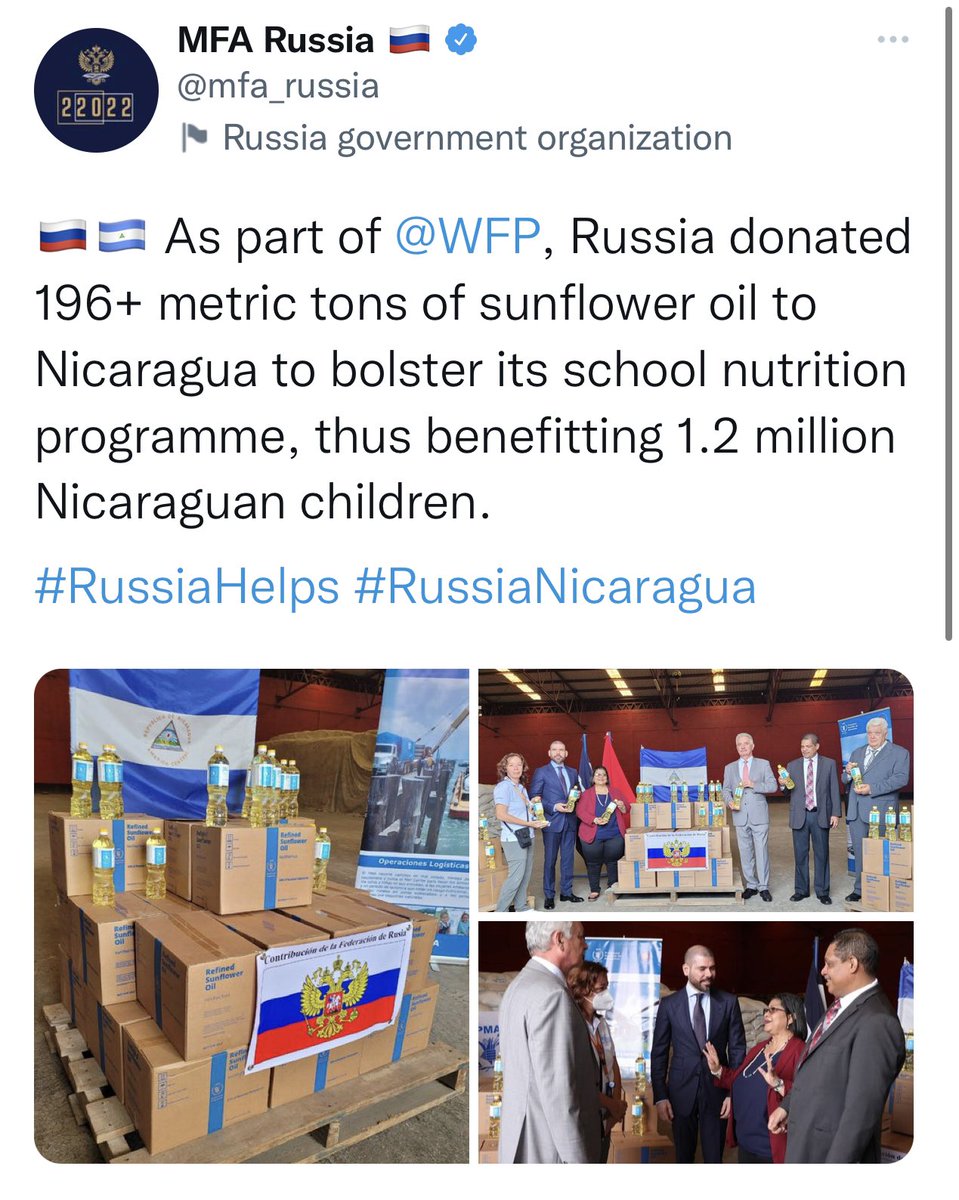 liz_cookman's tweet photo. On Monday, Russia steals sunflower oil from Ukraine. On Tuesday, Russia donates sunflower oil to Nicaragua. https://t.co/J3vmTjrpDL