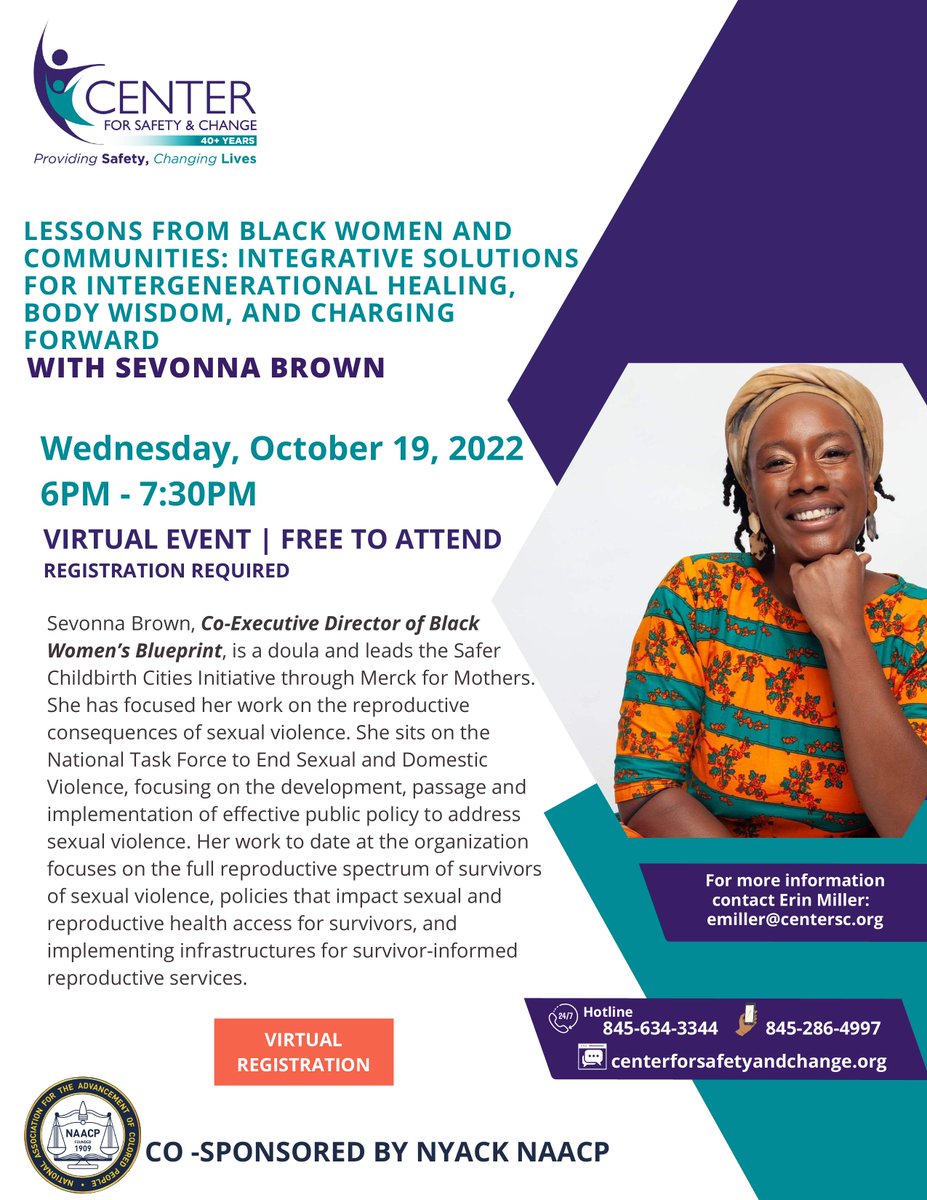 Center4SC's tweet photo. Pls join us on Oct 19, as we welcome @whereisvonna, Co-ED of @BlackWomensBP, for a conversation abt #BlackWomen's experiences of historical trauma, #IntergenerationalHealing, &amp; lessons for moving forward. To participate, pls register here: https://t.co/cZWg62TE0F 
#RestoreForward https://t.co/3viKX5YbXI