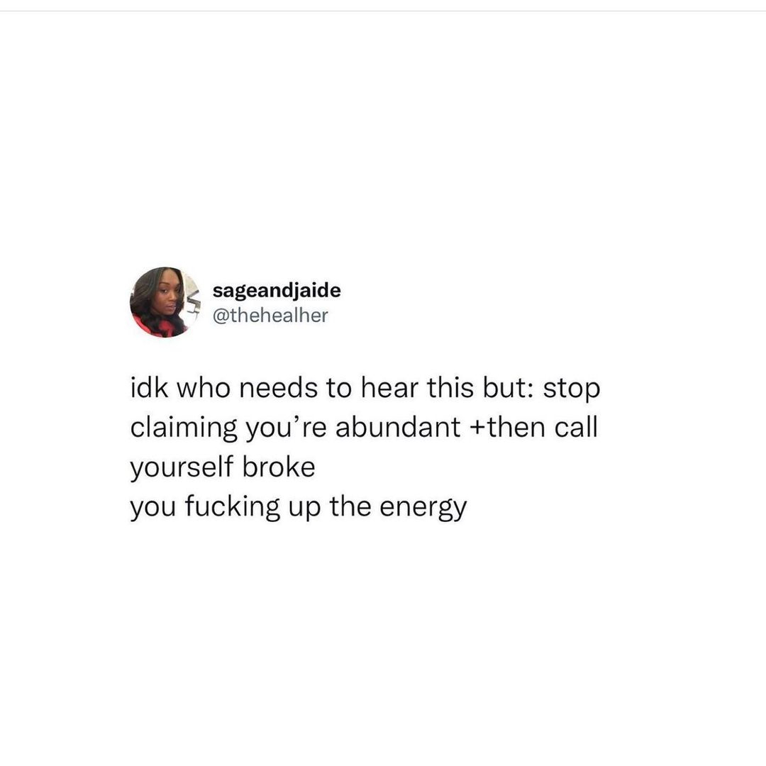 MissCFO1's tweet photo. Sis you're an abundant being that's it‼️

Keep speaking and believing that energy and remove yourself from any broke conversations. Somehow broke is relatable, it makes us feel good to see a stranger and complain about gas prices.

Stop and ask yourself why? Why is conversati https://t.co/hwobvcC0Pb