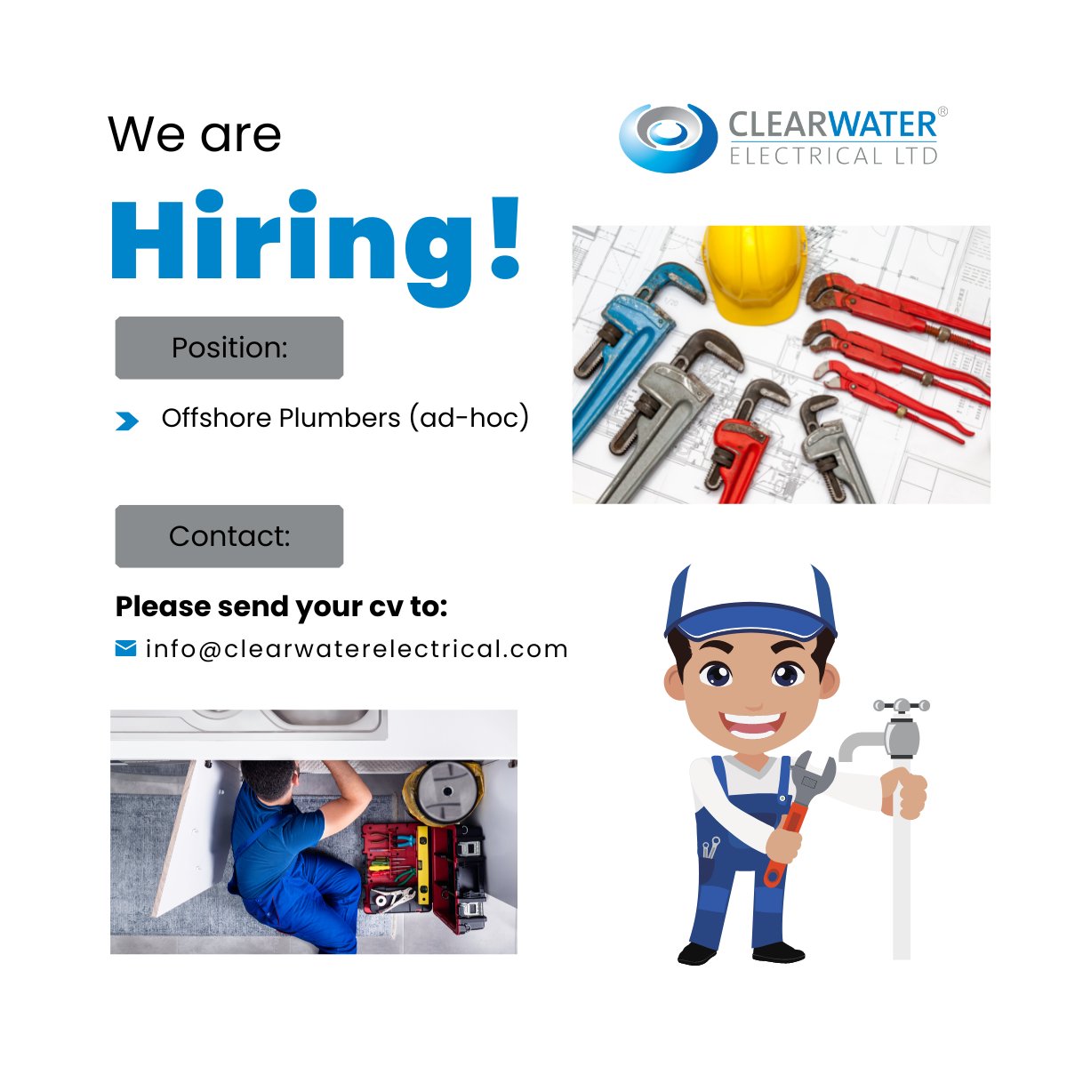 We are looking for ad-hoc plumbing support for several short &amp; longer-term offshore scopes. 
 
Must have valid offshore certifications: Medical, MIST &amp; BOISET
 
For further information please send your CV in to: info@clearwaterelectrical.com 
 
#OffshoreWork #Plumbing #Hiring