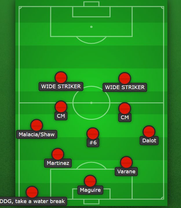 Adroit_Cadet's tweet photo. Against LFC, I wouldnt be apposed to a 3-1-2-2 sorta shape in build up; libero literally becoming De Gea. Maybe playing Martial + Rashford/Sancho as split strikers to compensate (would proportionally occupy the  width of the pitch) https://t.co/dViknGvT54