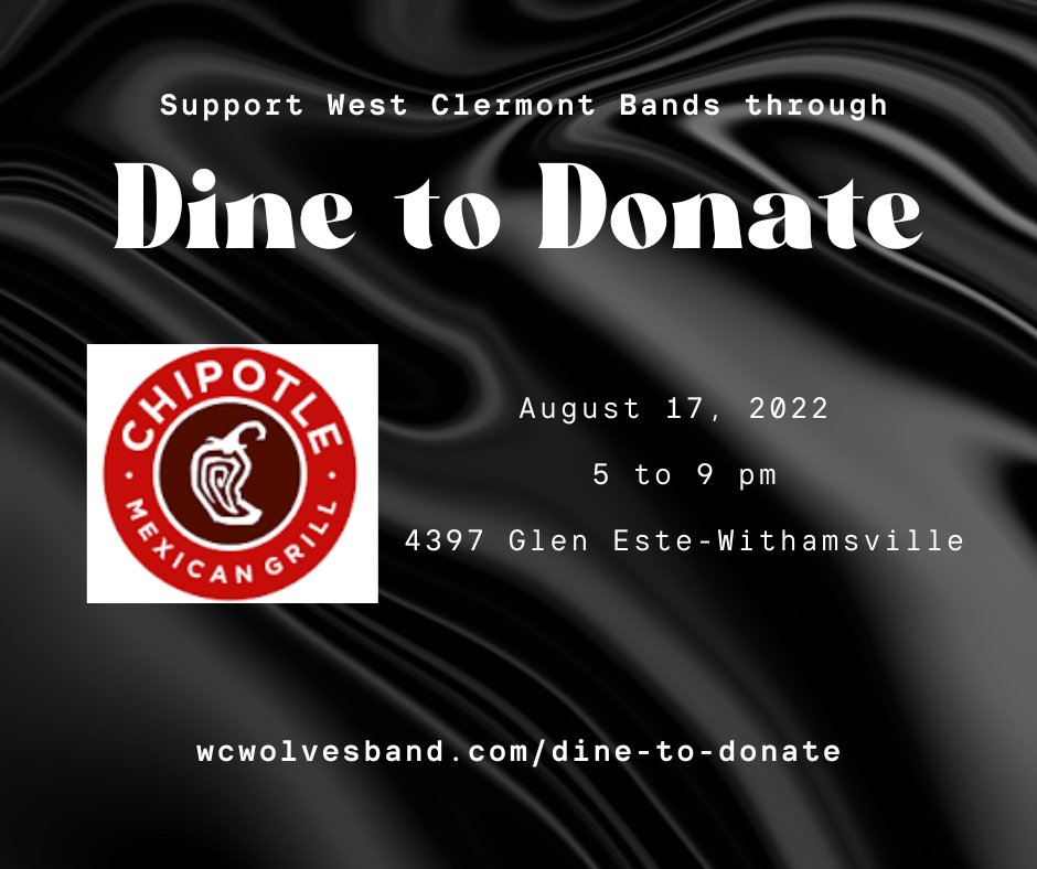 Let Chipotle in Eastgate take care of your dinner needs tonight! WC Bands thanks you for your support. Order online using code DEV4WBK. Otherwise, access the flyer here: wcwolvesband.com/dine-to-donate/