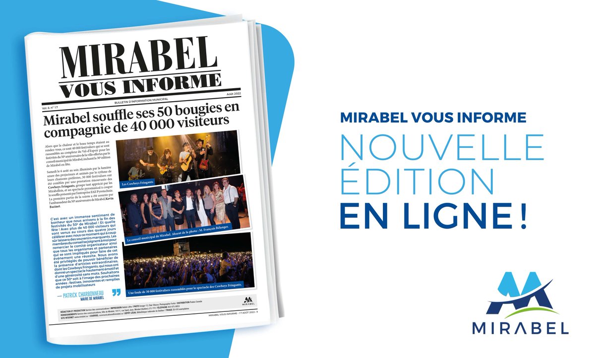 📰[ Mirabel vous informe ] 🗞

La nouvelle édition du #MirabelVousInforme est maintenant disponible. 🗞🗞🗞

👉 bit.ly/3dqUANS

Bonne lecture!