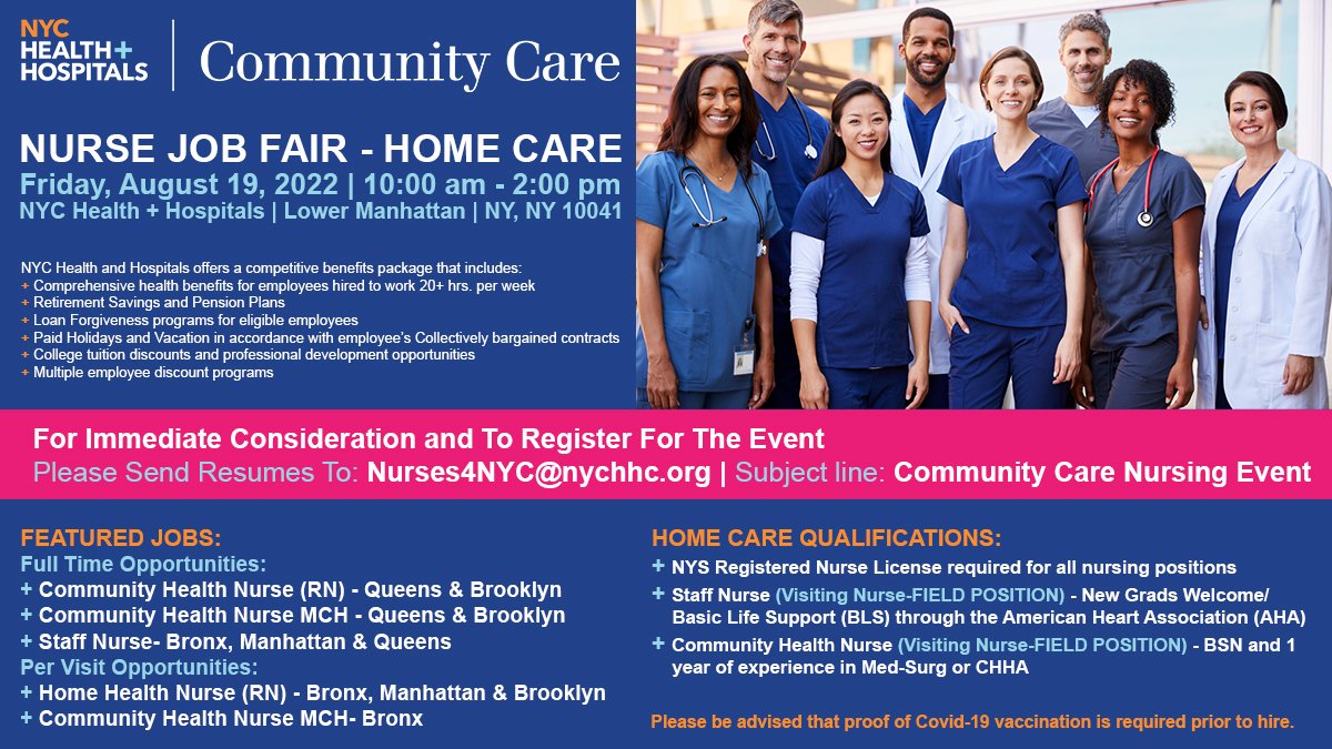 NYC Health + Hospitals/Community Care (@communitycareny) on Twitter photo Looking to make a difference and work in the community? Register today for our recruitment event on Friday, August 19 at 10:00 AM and learn more about <a href="/NYCHealthSystem/">NYC Health + Hospitals</a> opportunities in home care.
#Nurses4NYC #CareerFair Looking to make a difference and work in the community? Register today for our recruitment event on Friday, August 19 at 10:00 AM and learn more about <a href="/NYCHealthSystem/">NYC Health + Hospitals</a> opportunities in home care.
#Nurses4NYC #CareerFair