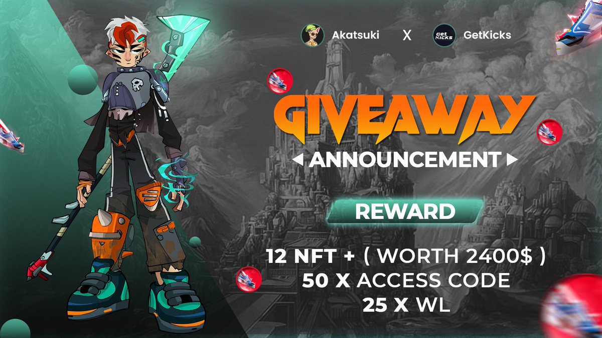 AkatsukiLabs's tweet photo. ⚔️ Giveaway With @GetKicks_io

🎟️ Giveaway -
🎁 Total Pool 12 NFT WORTH ( 200$+ Each ) + 50 Access Code + 25x WL 🔥

To Enter - 
1⃣ Follow @Akatsuki_0899 &amp; @GetKicks_io
2⃣ ❤️,RT &amp; Tag 3 friends
3️⃣ Finish Gleam Task 👉https://t.co/hvdePWvgPm

⏰ 22 AUG
#Airdrop #NFTGiveaway #NFTs https://t.co/8GwULbSuyQ