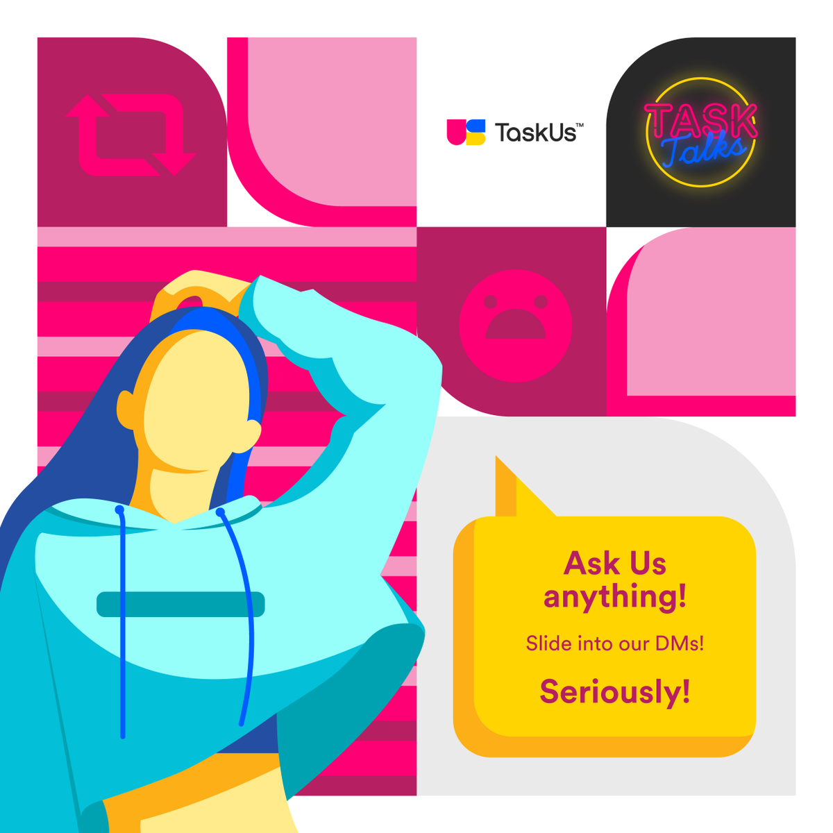 TaskUs's tweet photo. Come on, clear the air! Got something to say? Positive, negative, just let Us know!
TaskUs’ Leaders will try to clear up or whack down outsourcing myths and misconceptions. Tweet out any (seriously) of your questions using #TaskTalks and see what we have to say about them! https://t.co/ZftQJ0ldrk