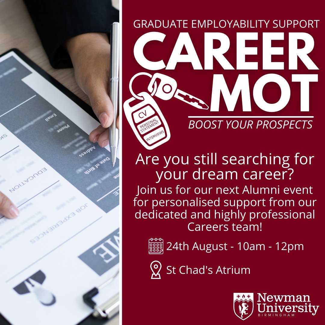 NewmanAlumni's tweet photo. Join us in St Chad's Atrium on the 24th August for a Career MOT workshop! 

Next Wednesday, between 10am - 12pm, our professional careers team are here to offer advice and support on how you can boost your prospects so you can achieve your dream job. https://t.co/wub00d4xKy