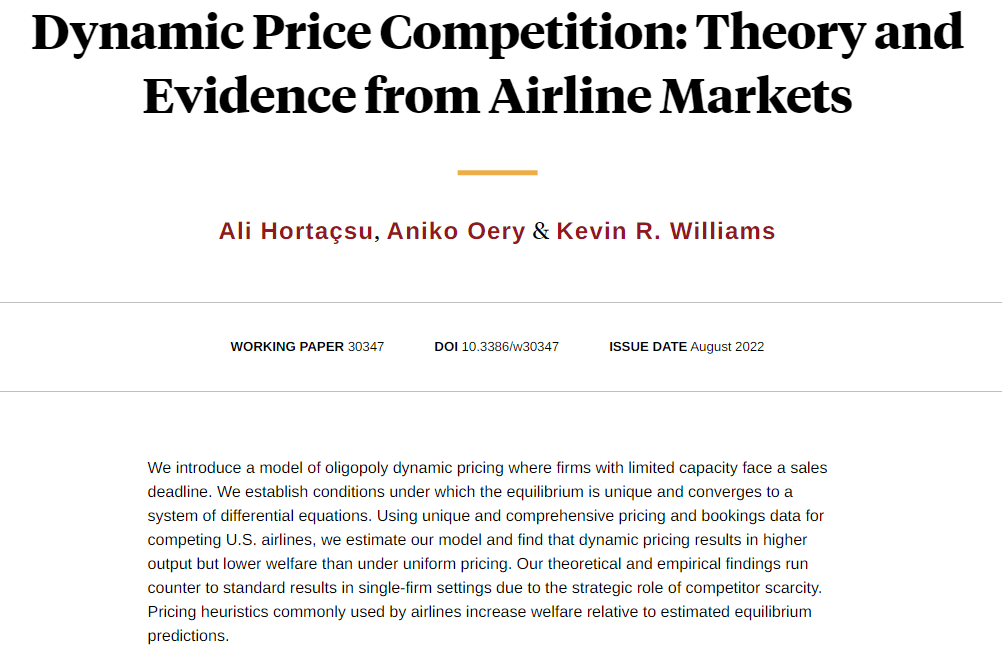 nberpubs's tweet photo. Estimating the welfare effects of dynamic price competition in the airline industry using new theoretical insights and granular data on competing airlines, from Ali Hortaçsu, @AnikoOery, and @mrequalsmc https://t.co/Zu4VAHqX0O https://t.co/yjYsEnG6pv