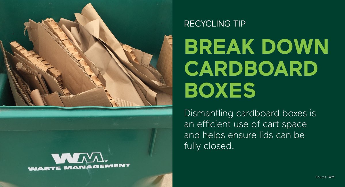 BernCounty's tweet photo. #RecyclingTip: Maximize your recycling cart space! Break down boxes before placing the flattened material in your #WM cart, as this will provide plenty of space for other recyclables. https://t.co/ucIKUZcXKZ