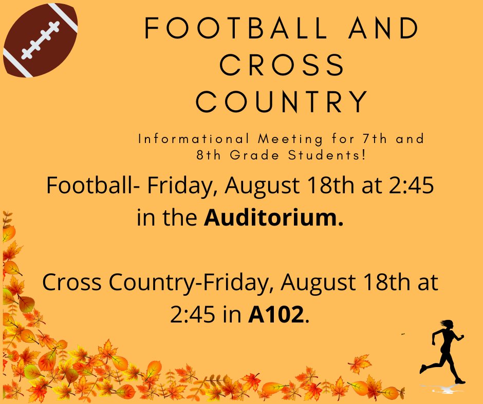If you have a 7th or 8th grade student interested in playing football or cross country at Beveridge, remind them to attend the informational meetings happening this Friday at 2:45!

**All student athletes must have a physical and insurance to participate**
