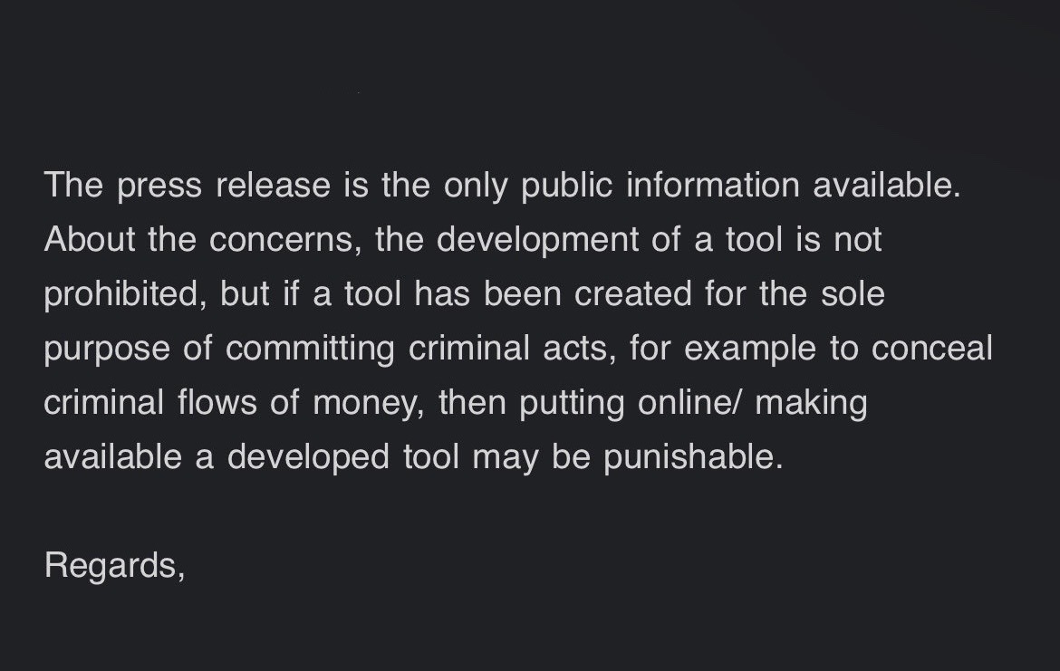 🚨 New info from the Netherlands agency that arrested tornado cash developer Alexey Pertsev We wanted to get this *troubling* statement from the FOID out there (which raises more questions than it answers) while we're chasing down more info + assessing next steps h/t @sccanavos