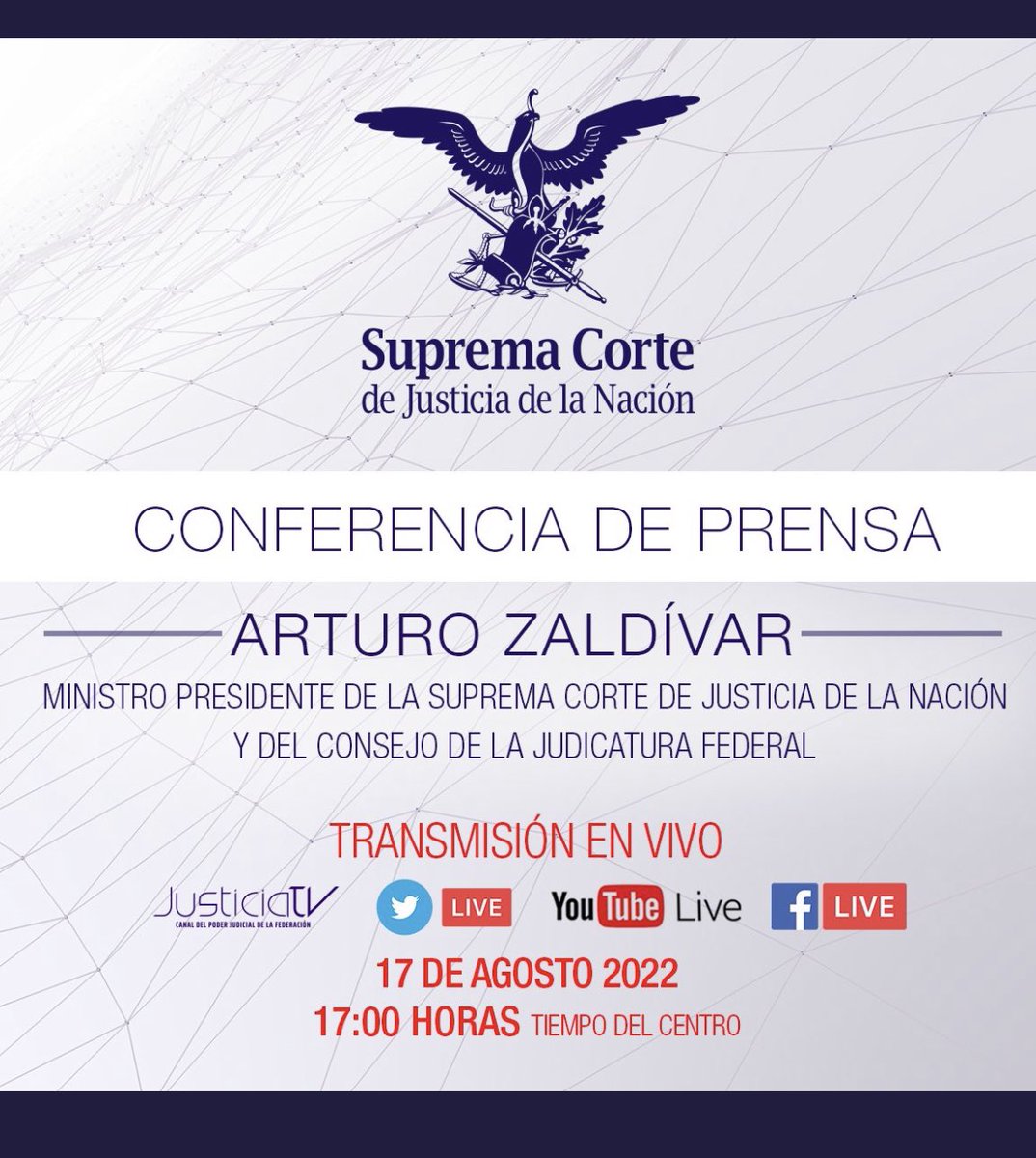 alespitalier's tweet photo. 🫵🏼 Es hoy.
Sigue la transmisión por los canales oficiales de la #ConferenciaDePrensa mensual del Ministro @ArturoZaldivarL, presidente de la #SCJN y del #CJF.  

Nos vemos en un rato para continuar informando sobre retos y resultados del nuevo #PJF https://t.co/VsWyXdHEIy