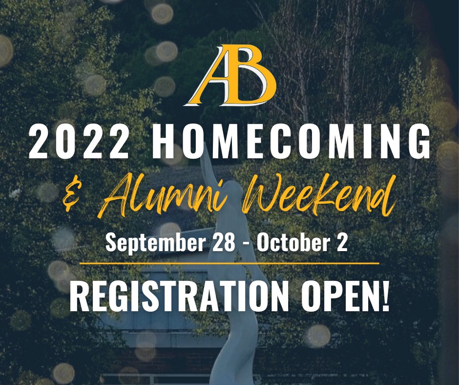 Alderson Broaddus University Alumni (@abalumni) on Twitter photo Homecoming registration is open! Check out everything we have planned for this year. We can’t wait to see you! #alwaysABattler #homecoming2022 alumni.ab.edu/page/homecomin… Homecoming registration is open! Check out everything we have planned for this year. We can’t wait to see you! #alwaysABattler #homecoming2022 alumni.ab.edu/page/homecomin…