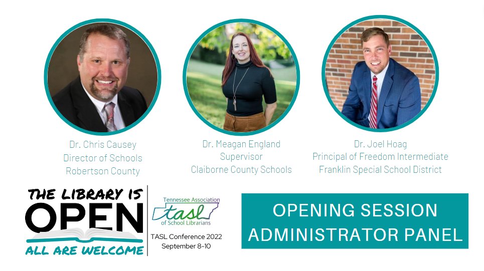 TASLTN's tweet photo. We are so excited to have an excellent group of Tennessee Administrators to open #TASLCon22! We ❤️ administrators who champion libraries and librarians! See you Sept. 8 at 4:00 in the Exhibit Hall. @DrJ03L @oodlesofteach @causey_chris https://t.co/mQ5ZjI7DkX