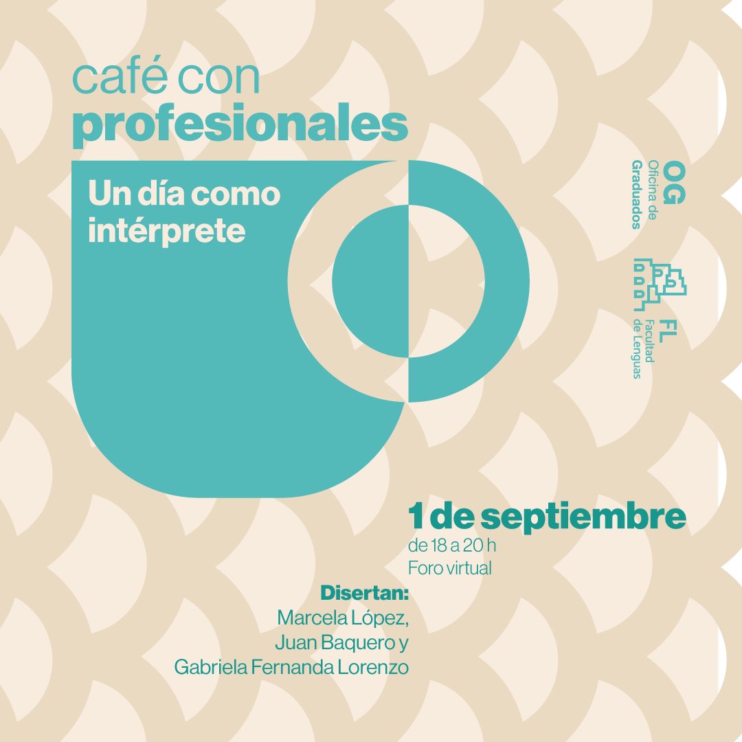 Café con profesionales:
Foro virtual para graduados y graduadas en traducción de la Facultad de Lenguas. Con <a href="/SpanishSolution/">Spanish Solutions</a> <a href="/BaqueroTransla1/">BaqueroTranslations</a> <a href="/gflorenzo/">Gabriela F Lorenzo</a> 
Inscribite: forms.gle/7tHsppMxWCsJqJ…