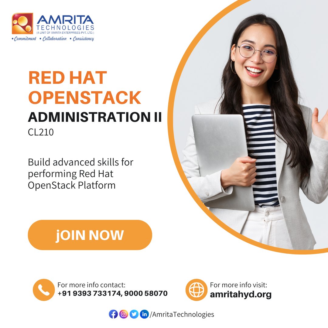 amritahyderabad's tweet image. Develop advanced skills in Red Hat OpenStack Platform day 2 operations and hybrid cloud infrastructure management.
Call: 9393733174 / 9000580570
website: amritahyd.org
#amritatechnologies #RedHatOpenStack #CL210 #RedHatLinuxAutomation #Openstack #RedHatcourseonline