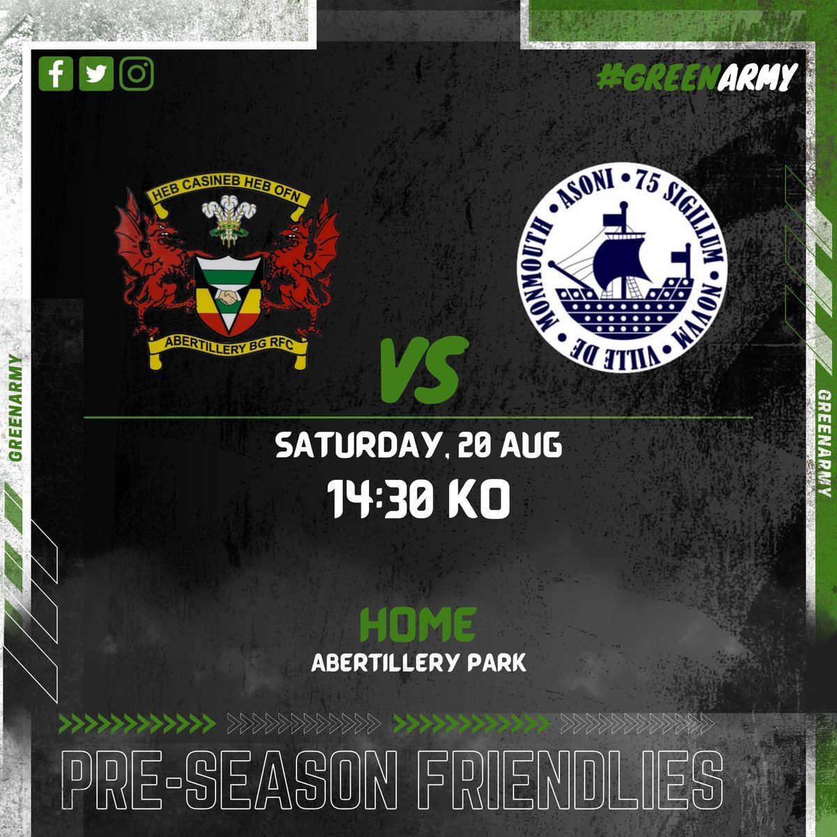 Looking forward to welcoming <a href="/MonmouthRFC/">Monmouth RFC</a> to the Park for our second pre-season game this Saturday!

First home game for us so get down there if you can and enjoy what should be a great encounter 🏉