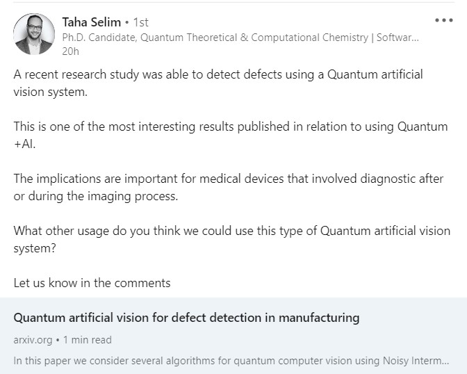 Check out Taha's conversation on our QuantumTalks channel on Quantum Artificial Vision and his interpretation for possible impacts for medical science
linkedin.com/feed/update/ur…

#qt4hc #quantumtechforhealthcare #artificialvision #quantumtalks