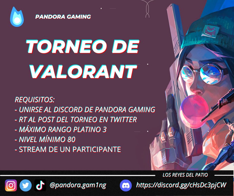 Nuestro 2º Torneo de Valorant ("Los Reyes del Patio") será el 24 de Septiembre.
Nuestro objetivo es crear una comunidad para poder llegar a ser el mejor en tu juego favorito.

🎁 Premios: 
- 10€ de VP para un máximo de 5 participantes.
- 10€ de VP para el mejor clip del torneo.
